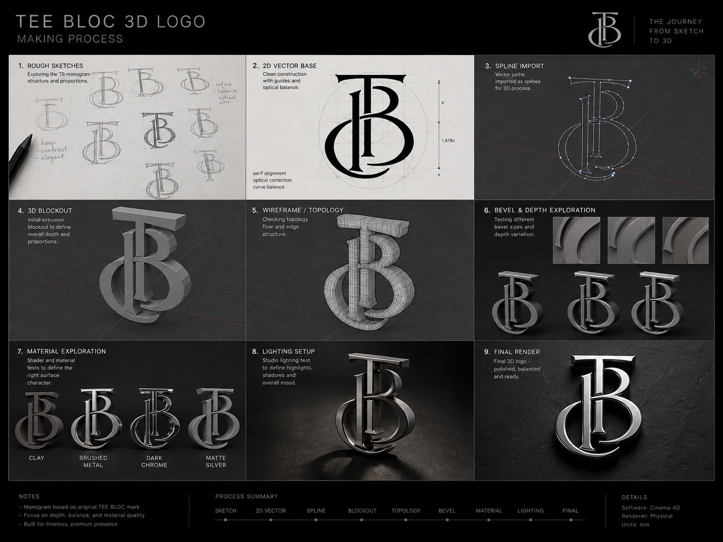 The Tee Bloc 3D logo making process — nine steps from rough monogram sketches to the final polished render